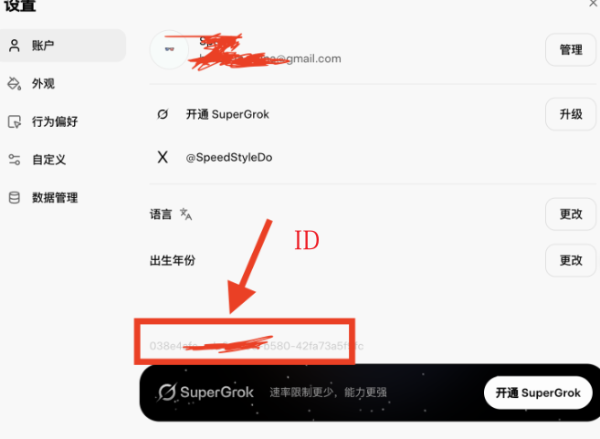 SuperGrok 获取账号 ID 的页面位置示例